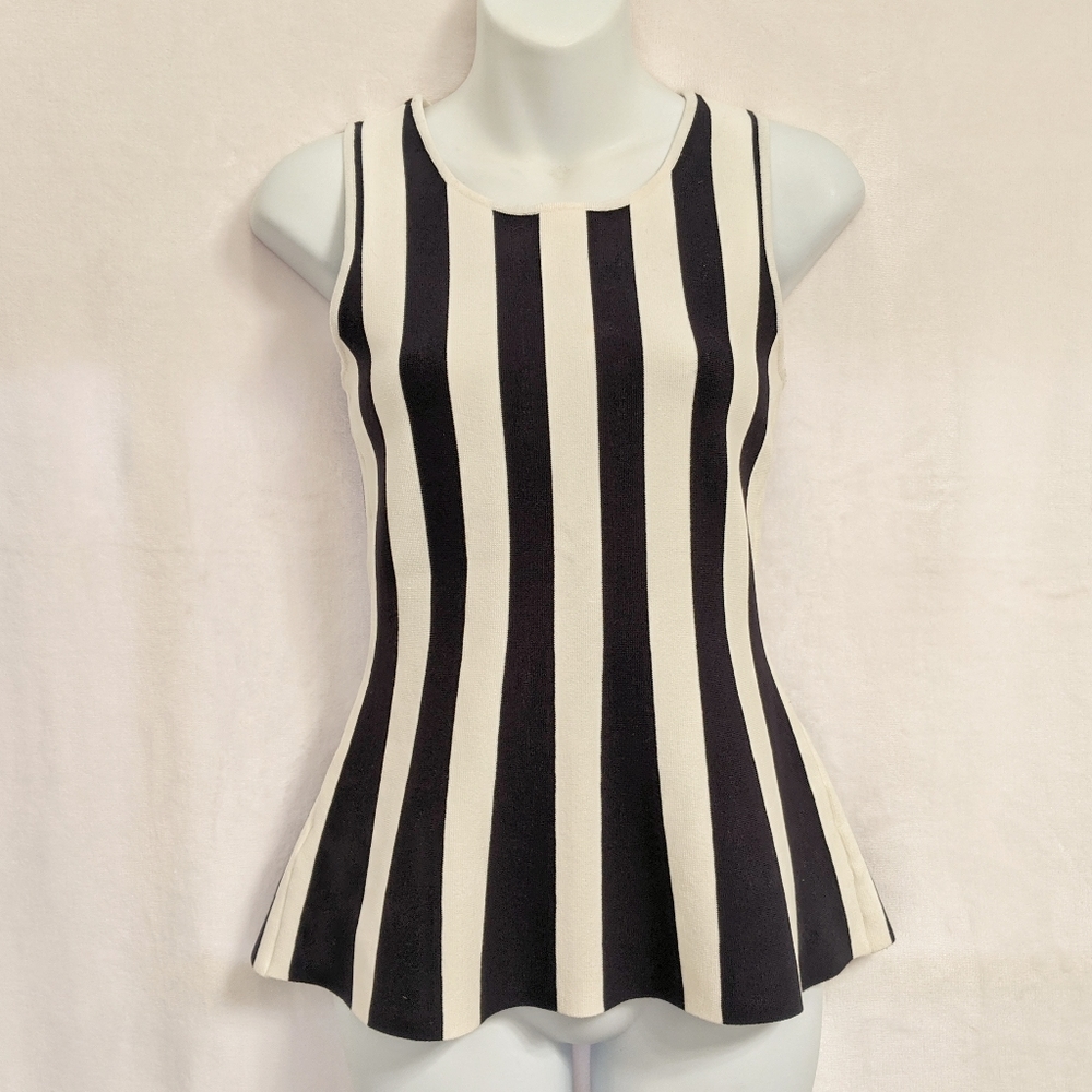 Ann Taylor Black & Cream Stripe Peplum Tank